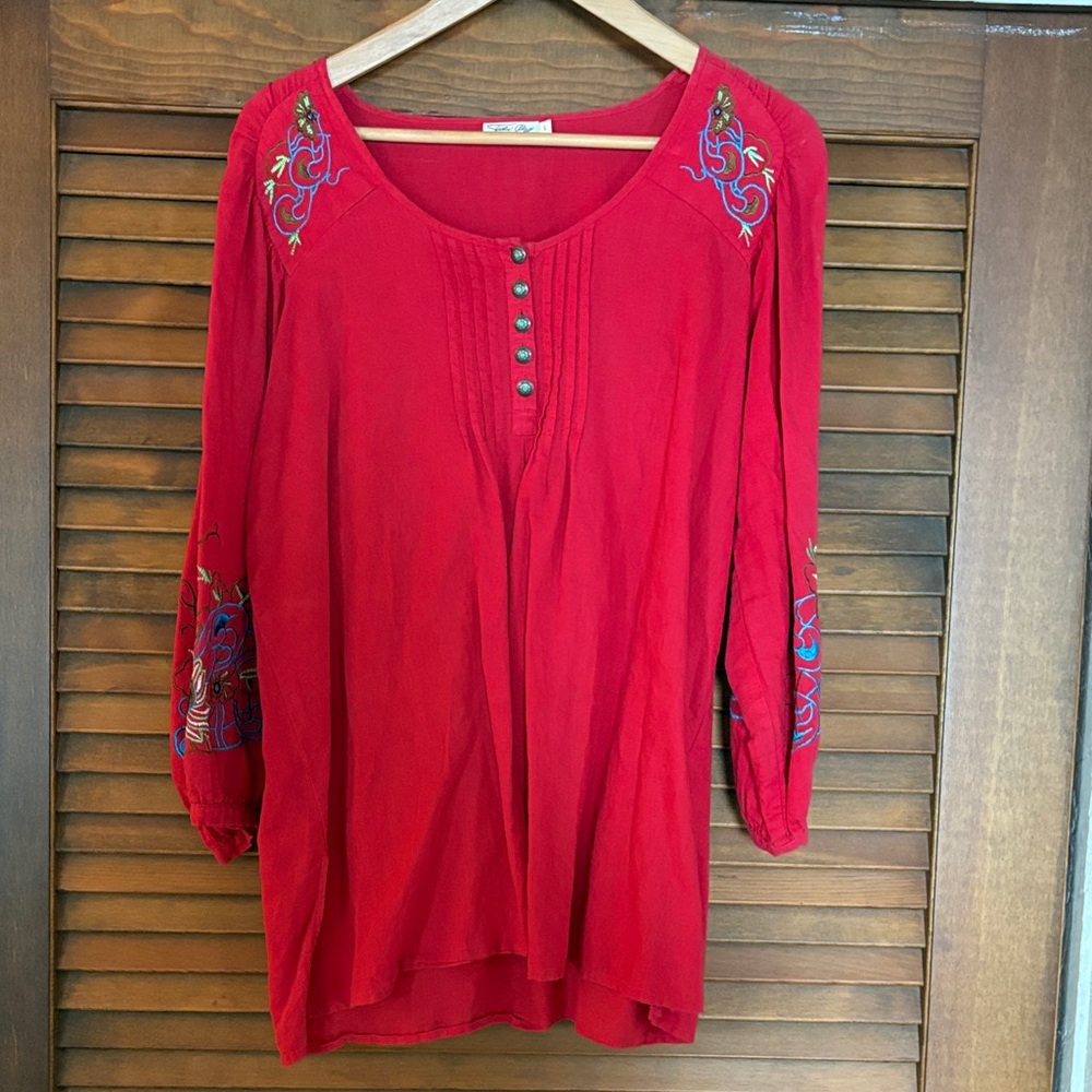 Tasha Polizzi Red Embroidered Blouse with turquoise buttons